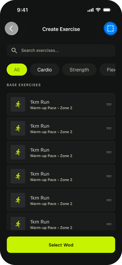 RaceFlow iPhone screen for adding an exercise to a workout