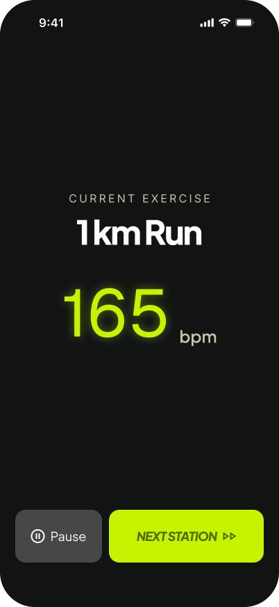 RaceFlow iPhone active workout screen with stage progress and controls