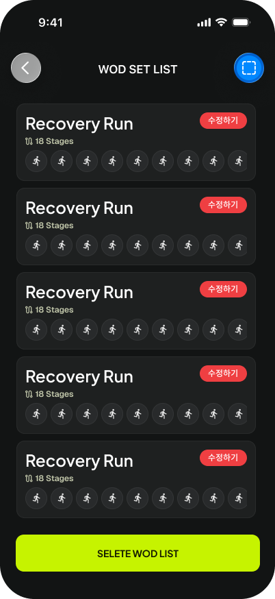 RaceFlow iPhone screen listing saved multi-stage workouts